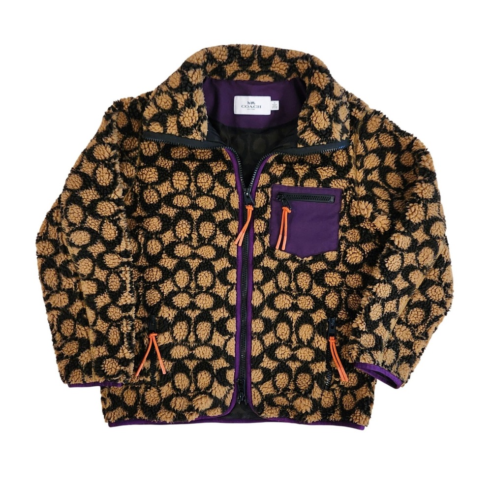 Coach Signature Sherpa Fleece Jacket Women XS Brown Purple Zip Jacket C0633